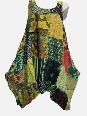 Nwt FUNKY STUFF hippy gypsy patch rayon hanky tank zig-zag TOP TUNIC L